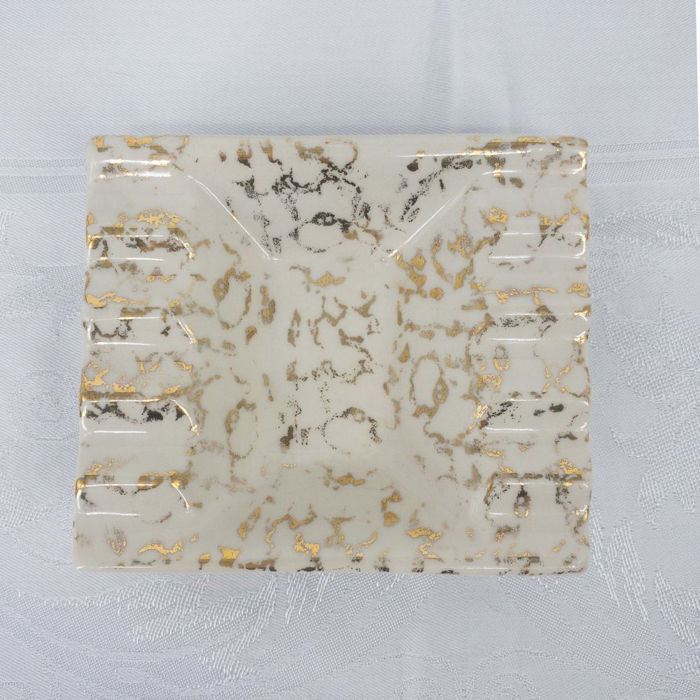 22 KT Gold White Ashtray Hand Painted 5" X 4" 10 Cigarette Slots Vintage MCM
